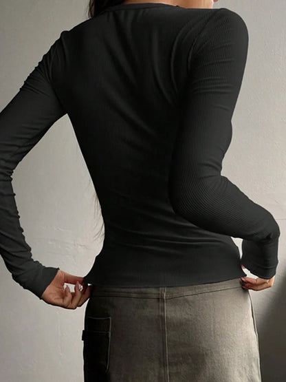 O Neck Button Long Sleeve Slim Fit Pullover Blouse