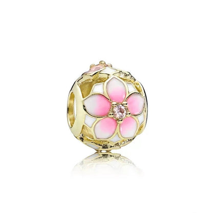 Gold Plated Pink Daisy And Clear Heart Charm Bead 925