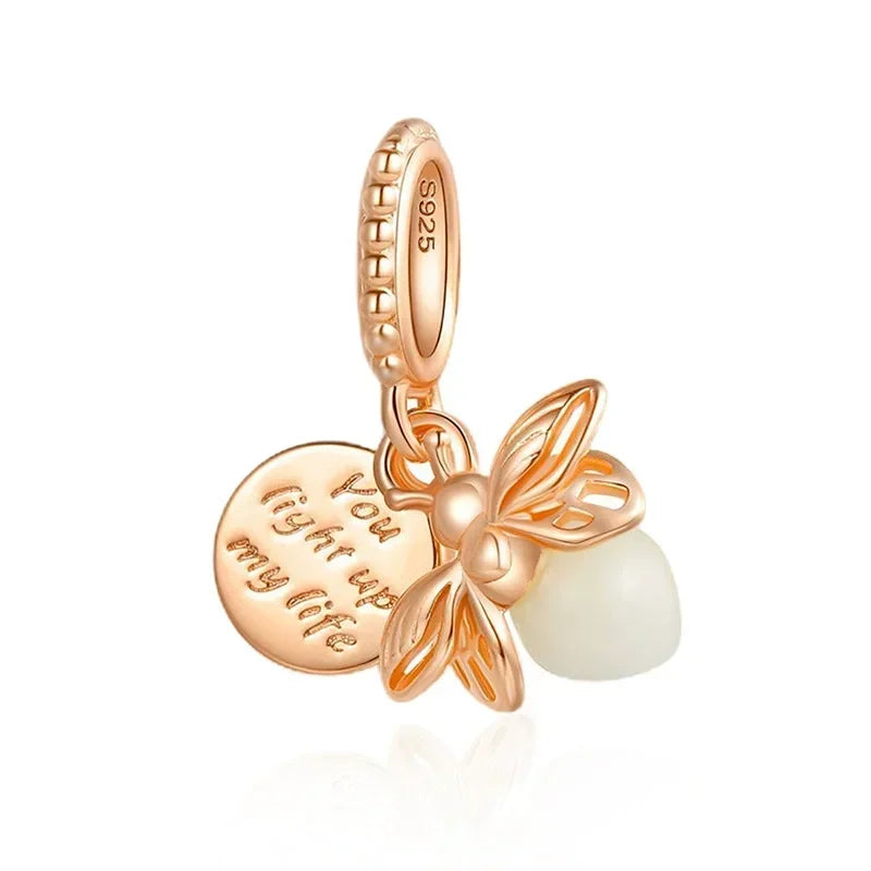 Authentic Luminous Firefly Bee Light Bulb Charm Ring Earrings 925 Sterling Silver DIY Jewelry Gift