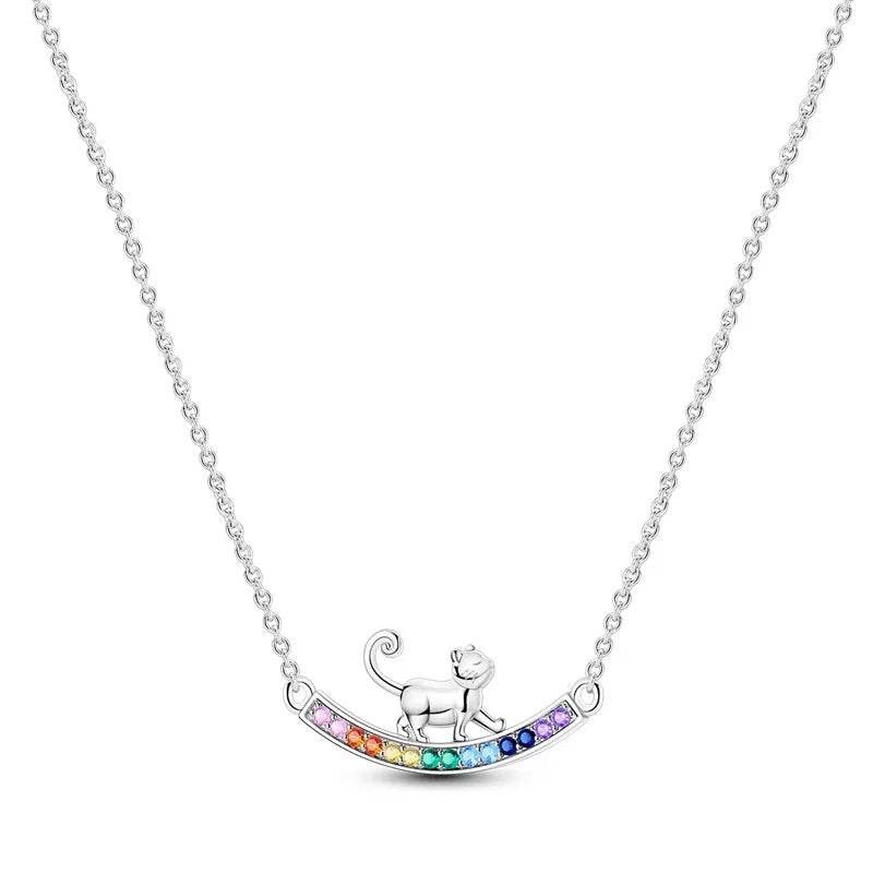 925 Sterling Silver Necklace with Pink Bow Heart Moon Butterfly Pendant Elegant Zircon Charm for Women Classic DIY Gift