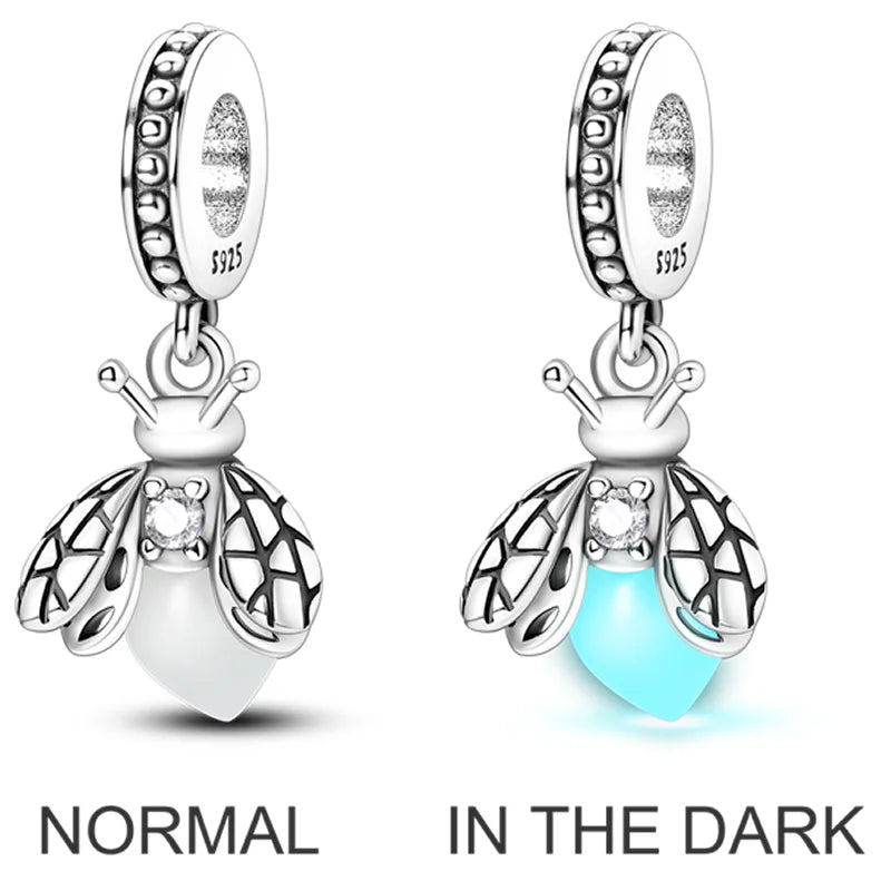 Pink Butterfly Luminous Firefly Dangle Charms 925 Sterling Silver Beads for DIY Jewelry KTC053