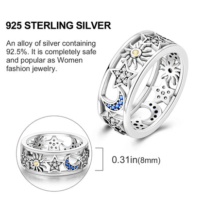 Blue Zircon Evil Eye Palm Star Moon Ring in 925 Sterling Silver for Women Wedding Jewelry Gifts LKTR171