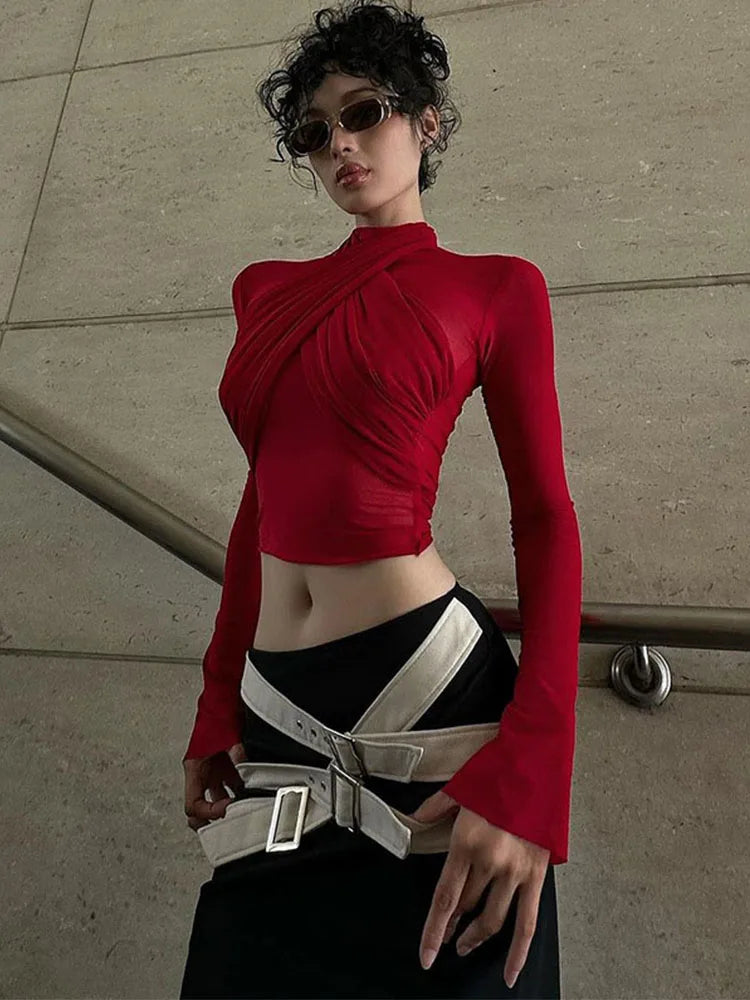 2024 Red Mesh Turtleneck Crop Top Long Sleeve Sexy Club