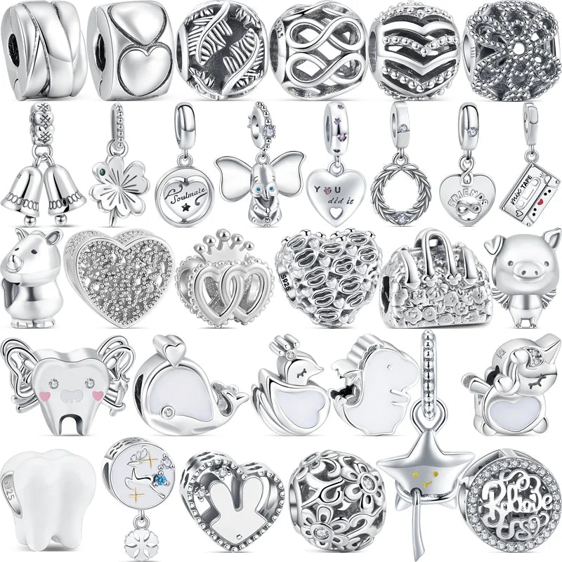 Silver Animal Hearts Infinity Crown Bead Charms Bracelet for Women 925 Sterling Silver Jewelry