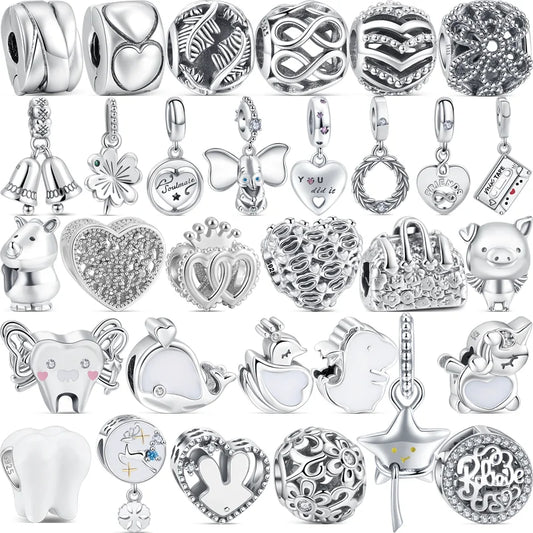 Silver Animal Hearts Infinity Crown Bead Charms Bracelet for Women 925 Sterling Silver Jewelry