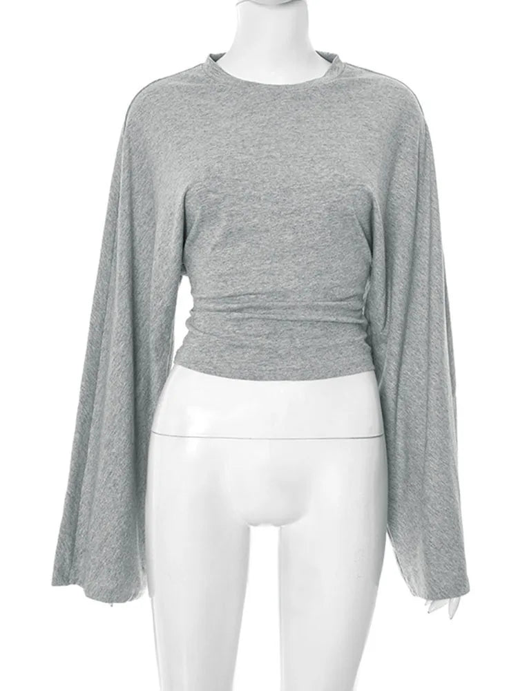 Womens O Neck Long Sleeve Skinny T Shirt Monochrome Crop Top