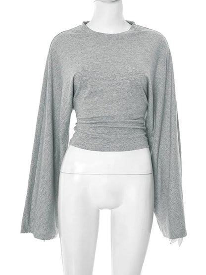 Womens O Neck Long Sleeve Skinny T Shirt Monochrome Crop Top