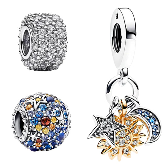 925 Sterling Silver Colorful Sun Moon Stars Dangle Charm for Women DIY Jewelry Pendant Bracelets Necklace