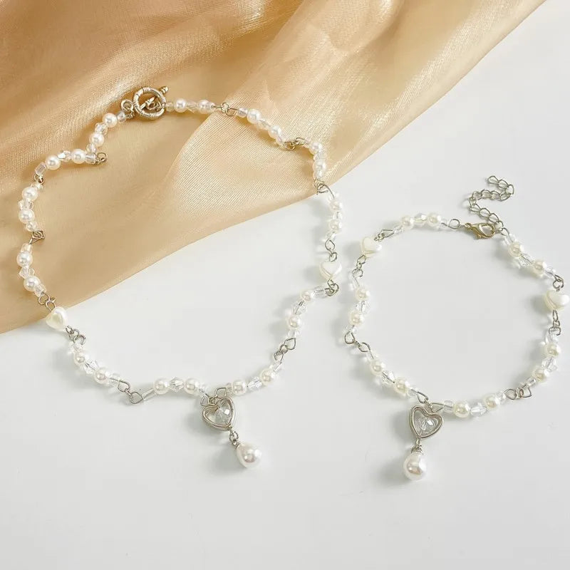 Elegant Simulated Pearl Heart Charm Necklace and Bracelet Jewelry Set for Women