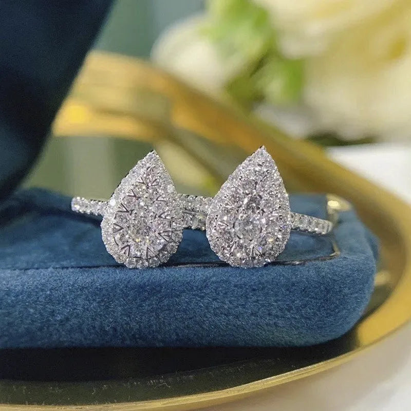 925 Sterling Silver Water Drop Shaped Ring for Women with Brilliant CZ for Wedding Engagement and Party