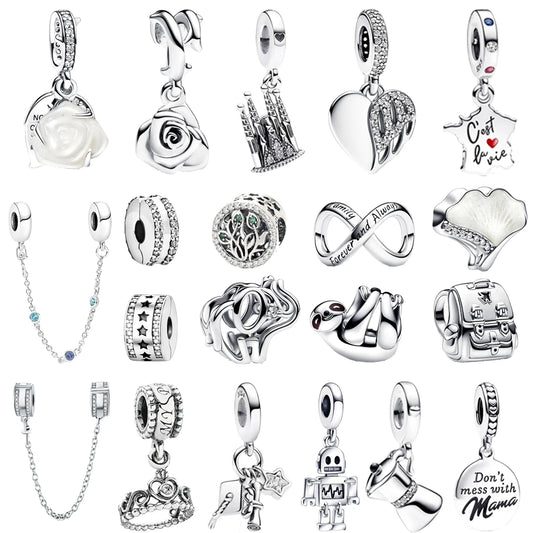 Original 925 Sterling Silver Zircon Beads Charms Set Crowns Robots Koalas Rose Castles Star Map for DIY Bracelet Necklace Women Gift