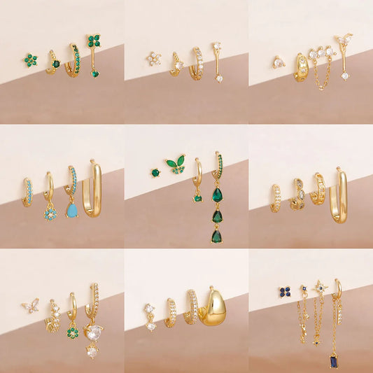 14K Gold Plated Dainty Zircon Flower Hoop Earrings Set for Women Stylish Stainless Steel Studs