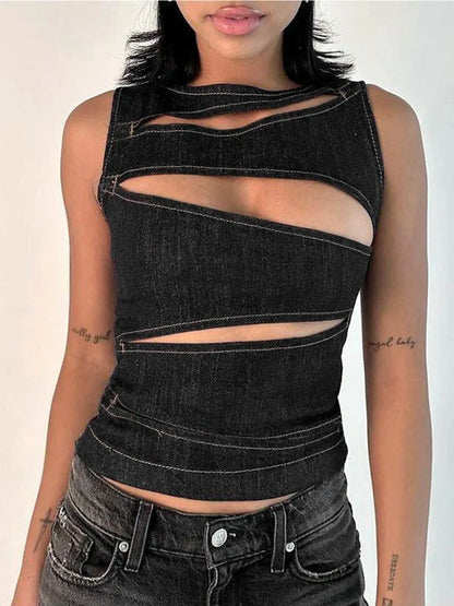 Women Cutout Sleeveless Vest Top Slim Streetwear Denim