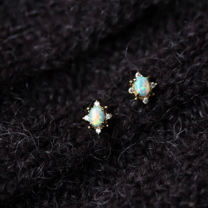 Vintage 925 Sterling Silver Opal Stud Earrings for Women Birthday Party Gift