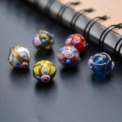 Handmade Lampwork Glass Flower Beads Set with Gold Accents for Jewelry Crafting