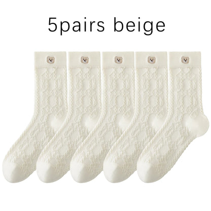 Kawaii Japanese Embroidered Cotton Mid Calf Socks 5 Pairs