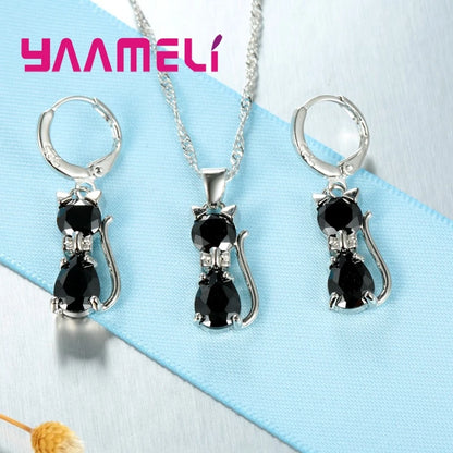 Elegant 925 Sterling Silver Cat Pendant Necklace and Earrings Set with Austrian Crystals for Women
