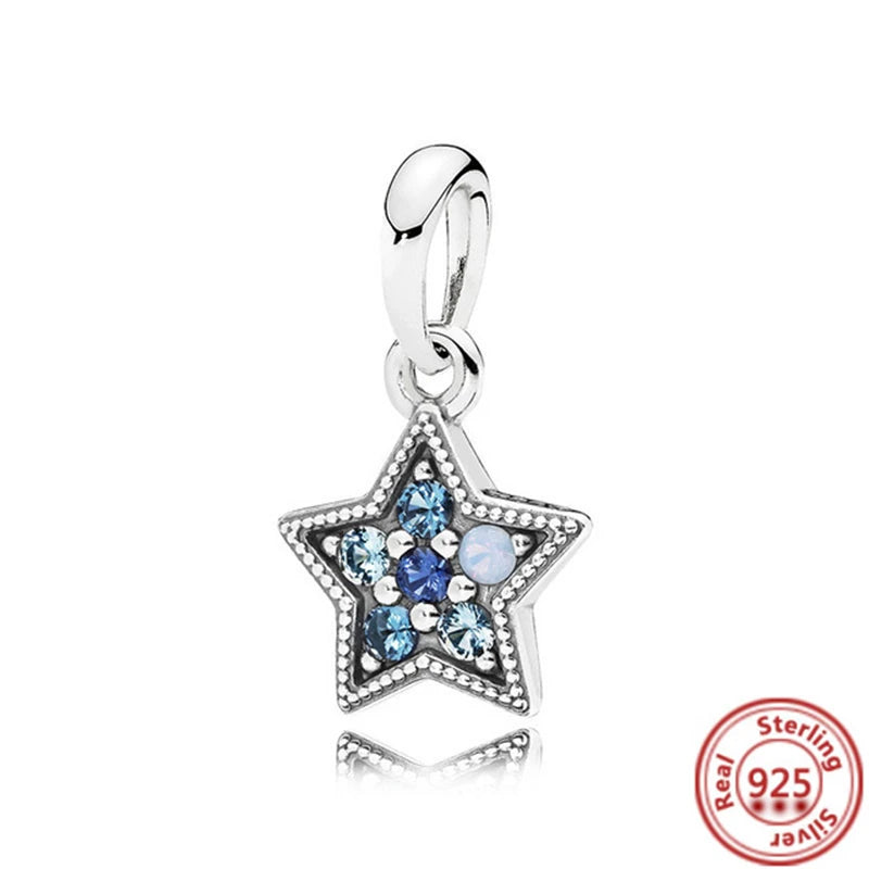 925 Sterling Silver Blue Zircon Feather Crown Stars Moon Charm Beads for Bracelet Y285 3mm-4mm