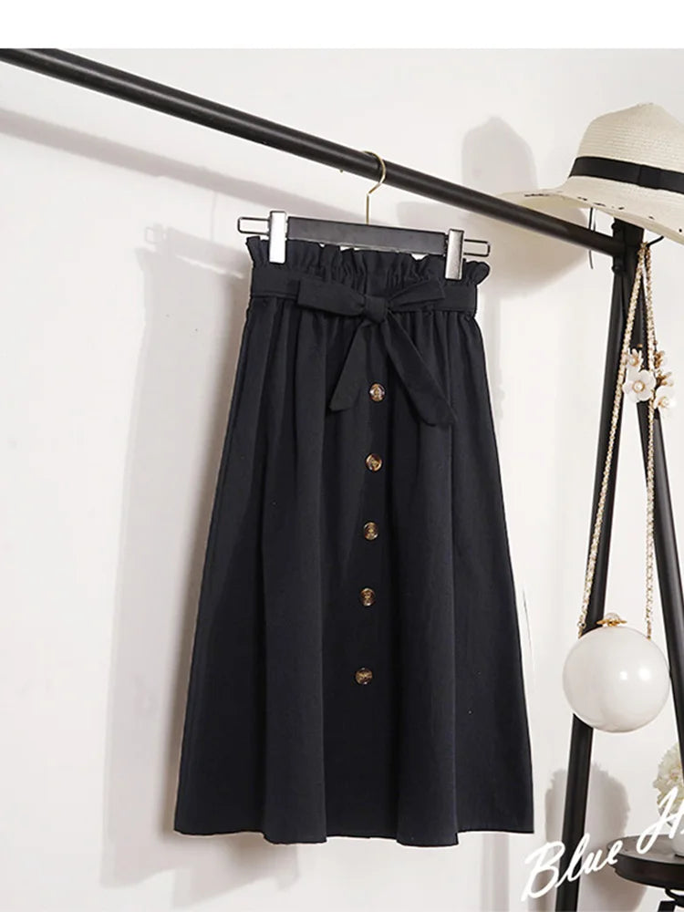 Summer Autumn Midi Pleated High Waist Button Skirt Women