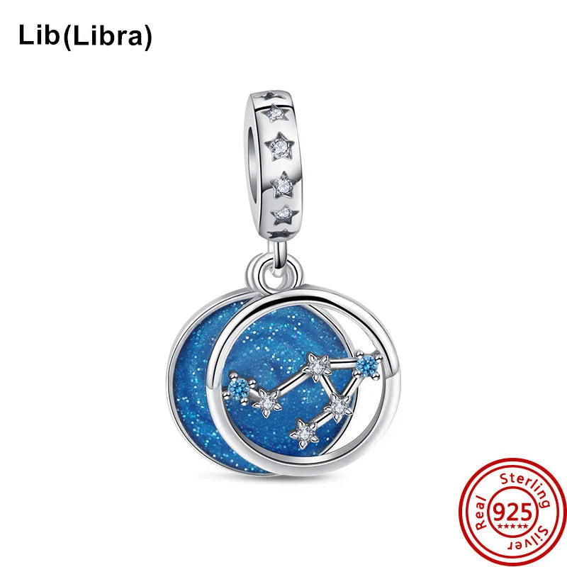 925 Sterling Silver Zodiac Pendant with Colorful Zircon for Charm Bracelets N452 3mm-4mm