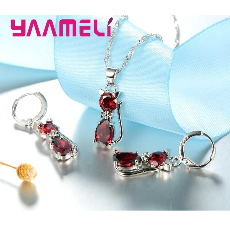 Elegant 925 Sterling Silver Cat Pendant Necklace and Earrings Set with Austrian Crystals for Women