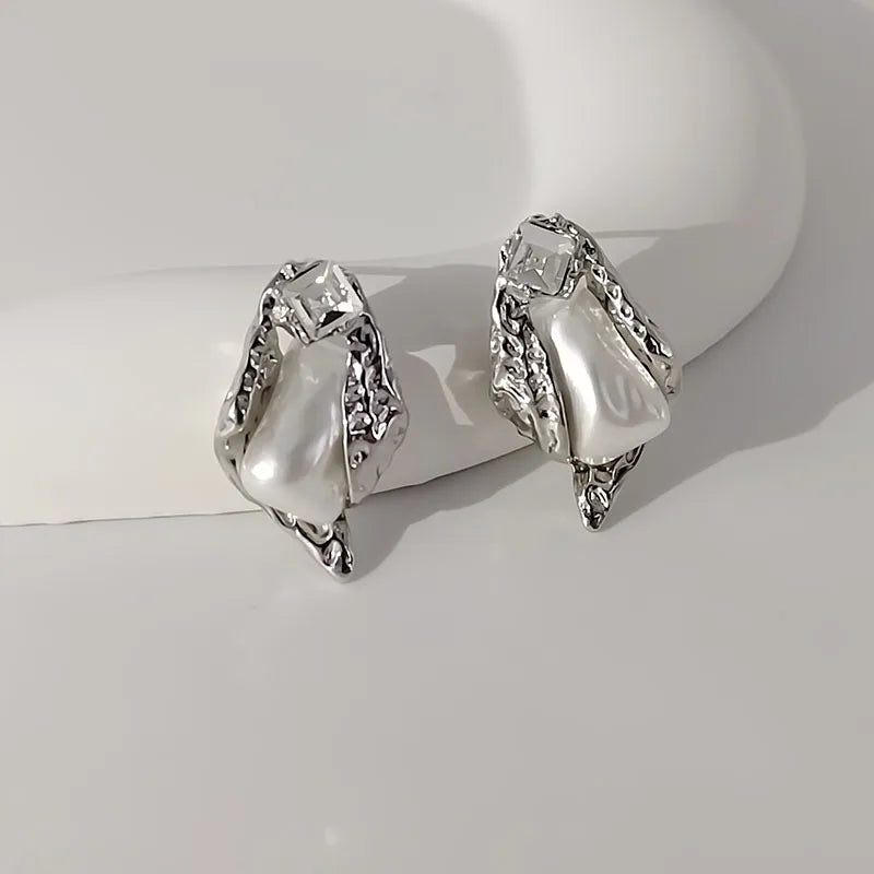 Irregular Zircon Pearl Earrings for Women with Special-Shaped Korean Design