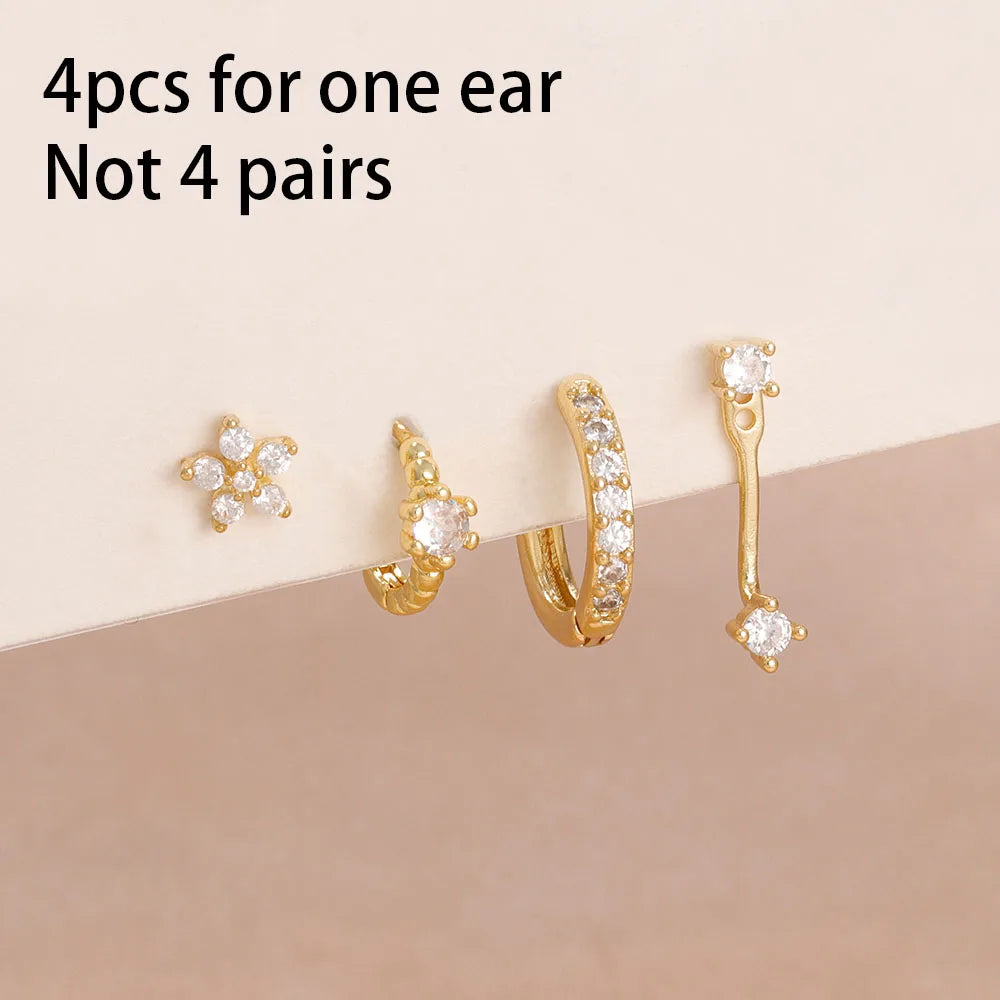 14K Gold Plated Dainty Zircon Flower Hoop Earrings Set for Women Stylish Stainless Steel Studs