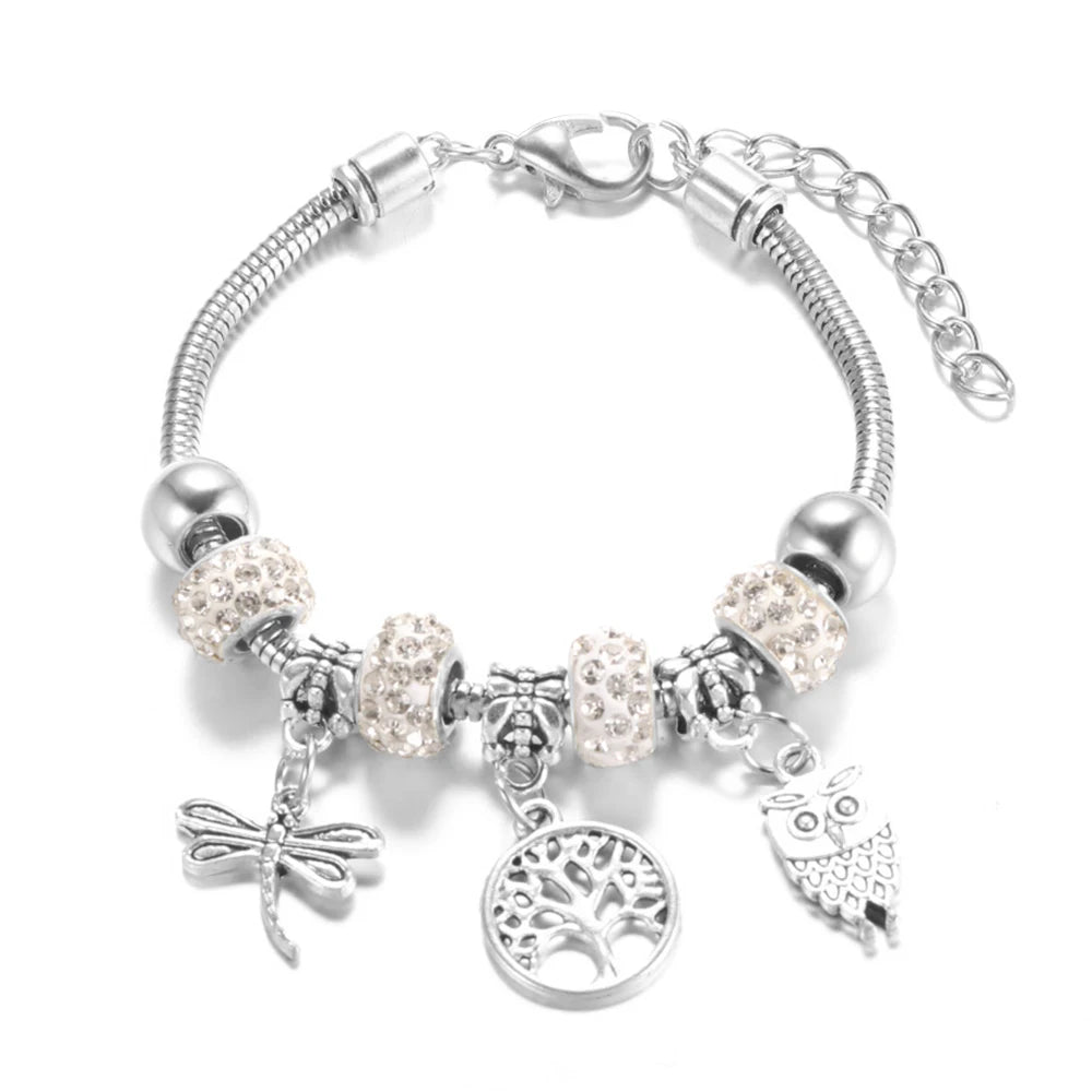 Elegant Heart Lock Charm Beaded Bangle Adjustable Snake Chain Bracelet for Women