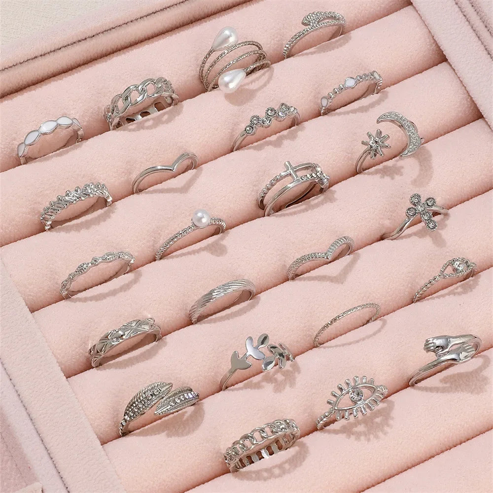 Silver Geometric Knuckle Rings Set for Women with Eye Cross Sun Moon Leaf Charms Boho Jewelry