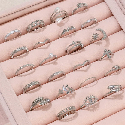 Silver Geometric Knuckle Rings Set for Women with Eye Cross Sun Moon Leaf Charms Boho Jewelry