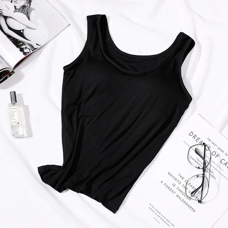 2023 Women’s Slim Fit Vest Tops with Built-In Bra Padded Neck Tank Casual Solid Color Shirts