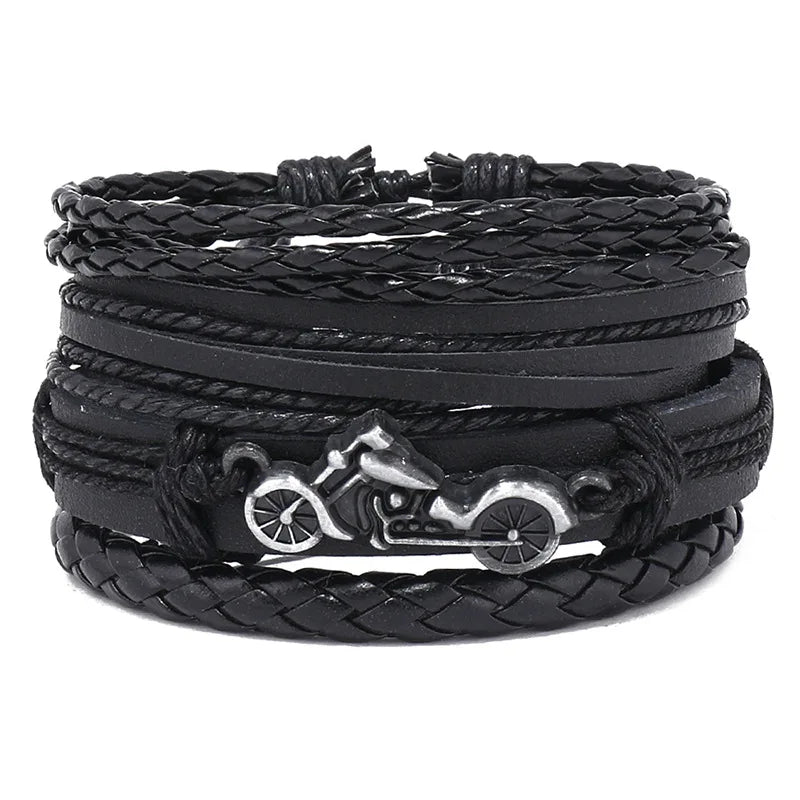 ZORCVENS Men's Handmade Braided Leather Bracelet Set - Vintage Black Punk Fashion Gift