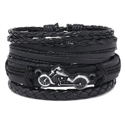 ZORCVENS Men's Handmade Braided Leather Bracelet Set - Vintage Black Punk Fashion Gift