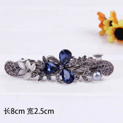 Elegant Red Crystal Flower Bow Hairpin With Vintage Blue Rhinestones