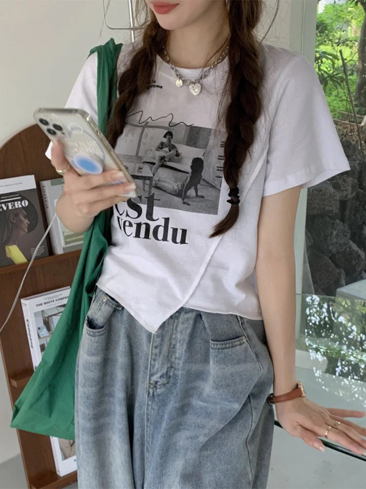 Korean Style Graphic T Shirt Women Short Sleeve Top Summer
