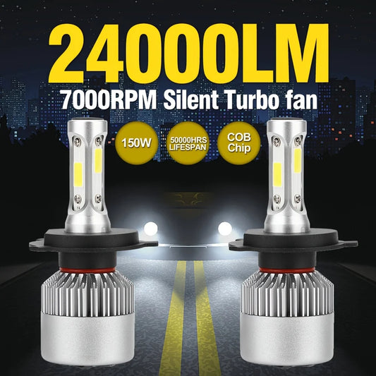2pcs Ultra-Bright H7 H4 Led Car Headlights 150W 24000Lm 6000K 5202