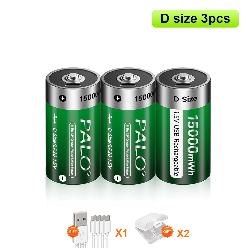 1.5V USB LR20 Battery Rechargeable R20 15000mWh D Size Type Batteries with Type-C Cable 3 PCS Battery CHINA