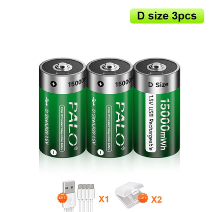 1.5V USB LR20 Battery Rechargeable R20 15000mWh D Size Type Batteries with Type-C Cable 3 PCS Battery CHINA