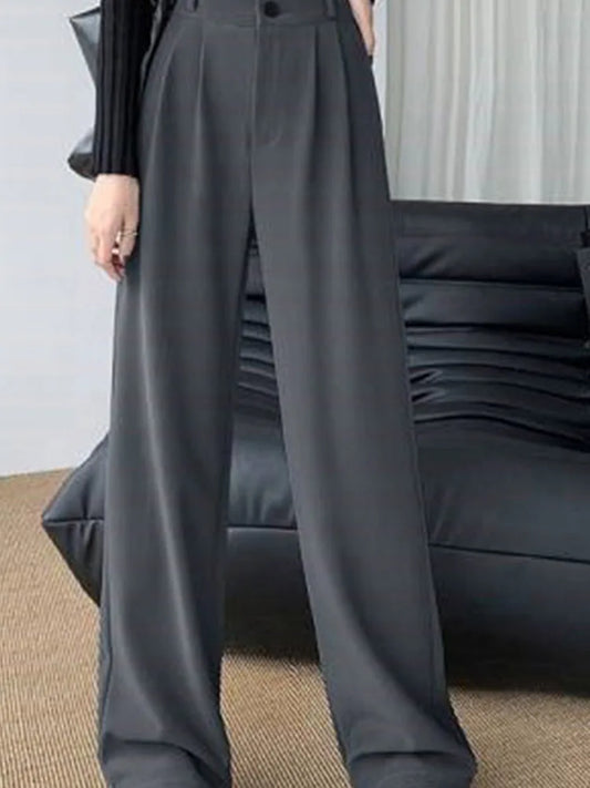 High Waist Wide Leg Pants Women Coffee Autumn Double Buttons