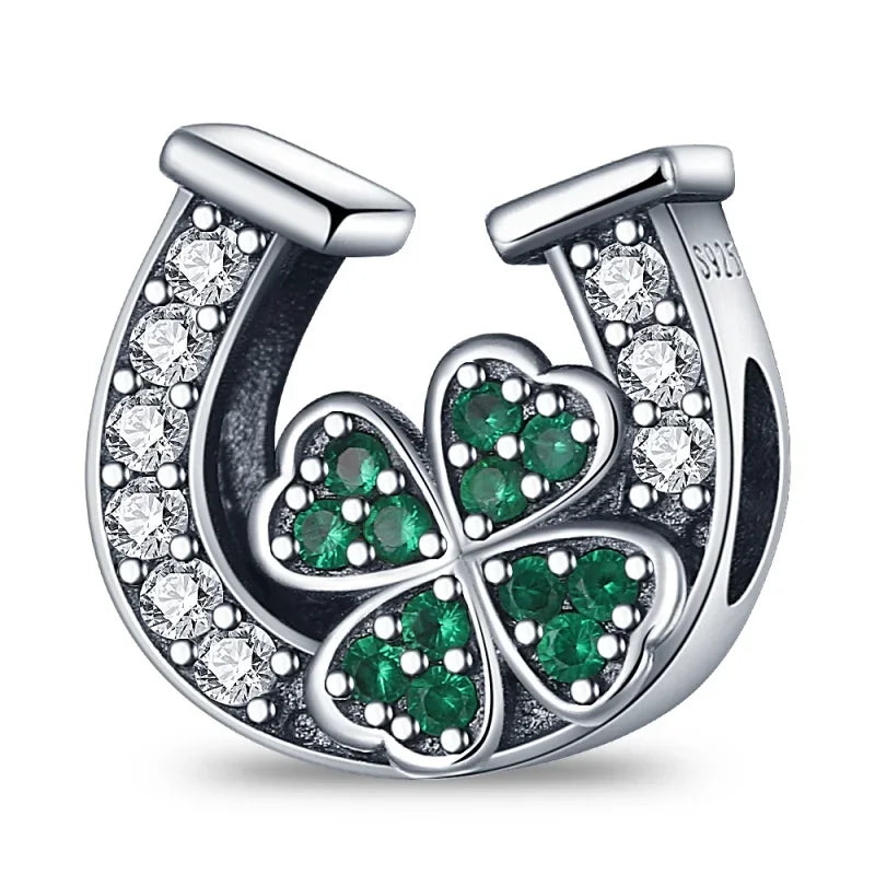 925 Sterling Silver Lucky Four Leaf Clover And Horseshoe Charms With Green Zircon For Bracelet Necklace Earrings