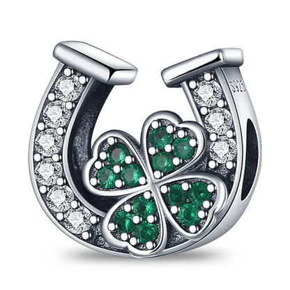 925 Sterling Silver Lucky Four Leaf Clover And Horseshoe Charms With Green Zircon For Bracelet Necklace Earrings