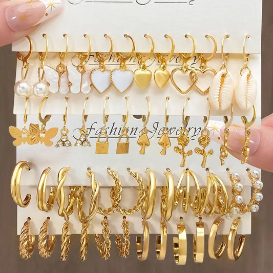 Heart Pearl Butterfly Dangle Earrings - Elegant Gold Hoop Jewelry for Women