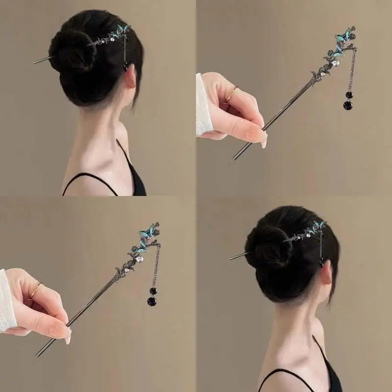 Elegant Double Butterfly Tassel Hairpin with Black Beads Fringe for Women Hanfu Style