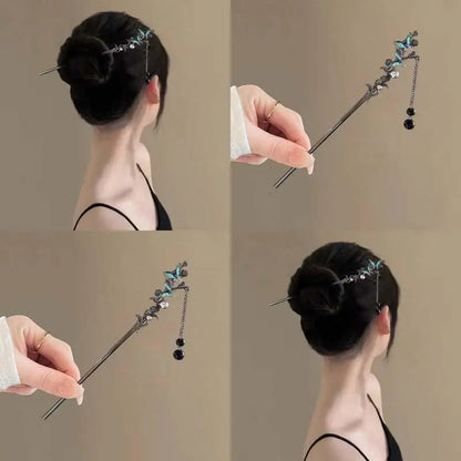 Elegant Double Butterfly Tassel Hairpin with Black Beads Fringe for Women Hanfu Style