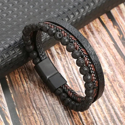 Men's Leather Bracelet with Stainless Steel Tree of Life Charm - Stylish Multi-Layer Fashion Accessory