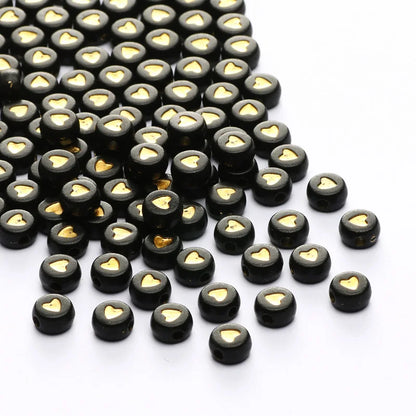 Chic Black Acrylic Beads with Gold Heart Design for Jewelry Crafting