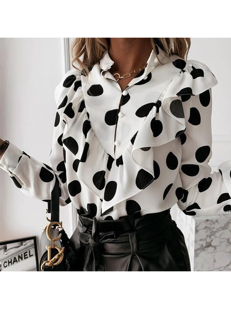 Leopard Print Ruffle Blouse Long Sleeve V Neck Office Top