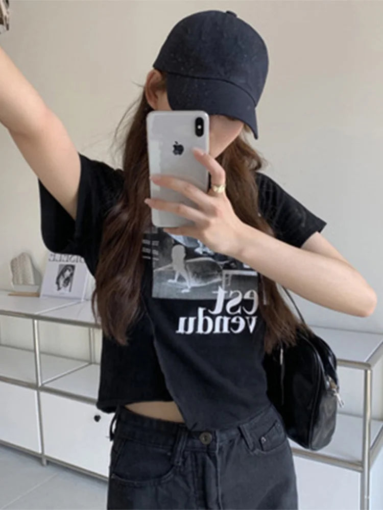 Korean Style Graphic T Shirt Women Short Sleeve Top Summer