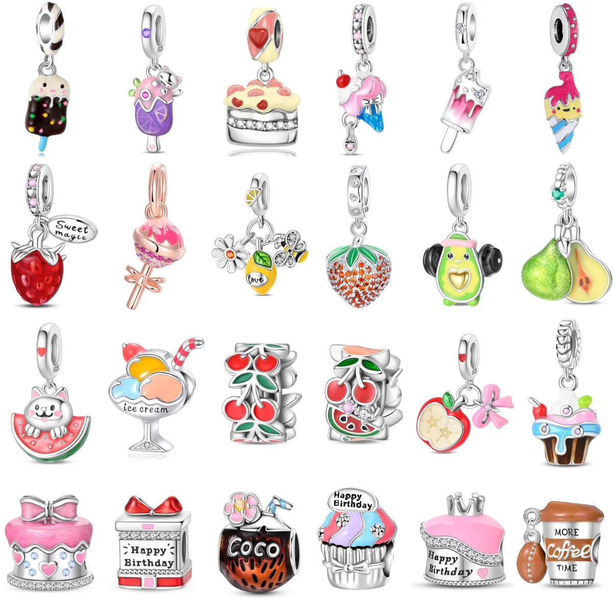 925 Sterling Silver Summer Charms Beads Ice Cream Fruit Candy Cake Zircon DIY Jewelry for Necklace and Bracelet Gifts