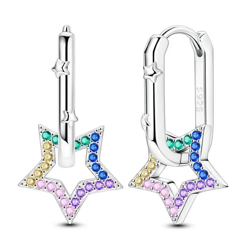 Luxury Colorful 925 Sterling Silver Hoop Earrings with Zircon Heart and Apple Pendants Birthday Gift for Women